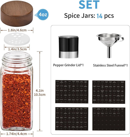 Yangbaga 14Pcs Glass Spice Jars with Labels-4oz Acacia Wood Lid Square Spice Containers with Pepper Grinder Lids &Funnel,Seasoning Jars for Rack Cabinet Drawer