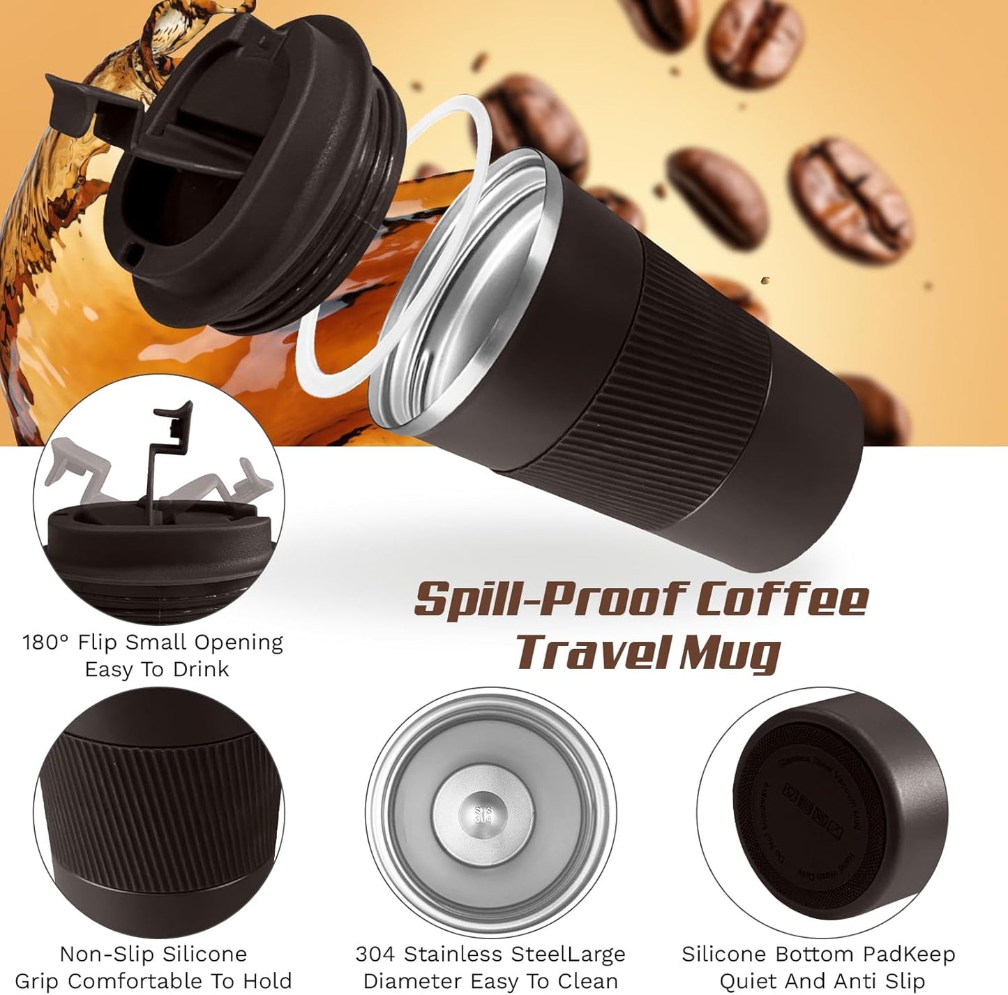 Vacuum-Insulated Stainless Steel Travel Coffee Mug, Leak-Proof Reusable Coffee Cup with Lid - Keep Hot & Cold Drinks for Hours, Durable Thermos Tumbler for Men & Women (3rd-Dark Coffee, 17OZ)