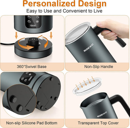 BIZEWO Milk Frother Electric, Warm and Cold Milk Steamer, 4 IN 1 Automatic Milk Warmer Stainless Steel with Touch Screen for Coffee, Latte, Macchiato, Cappuccino, Hot Chocolate
