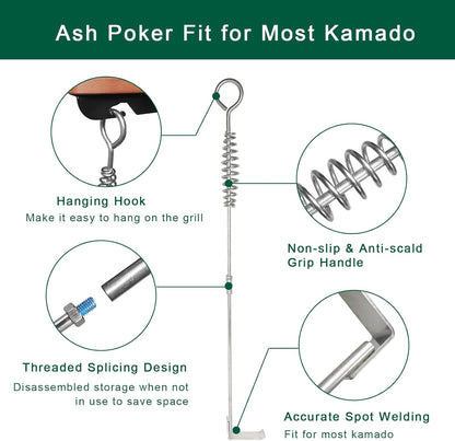 18” BBQ Ash Removal Tool and Ash Pan for Big Green Egg Accessories, Stainless Steel Ash Tool Poker for BGE Primo and Other Charcoal Kamado Stove(at+AP)