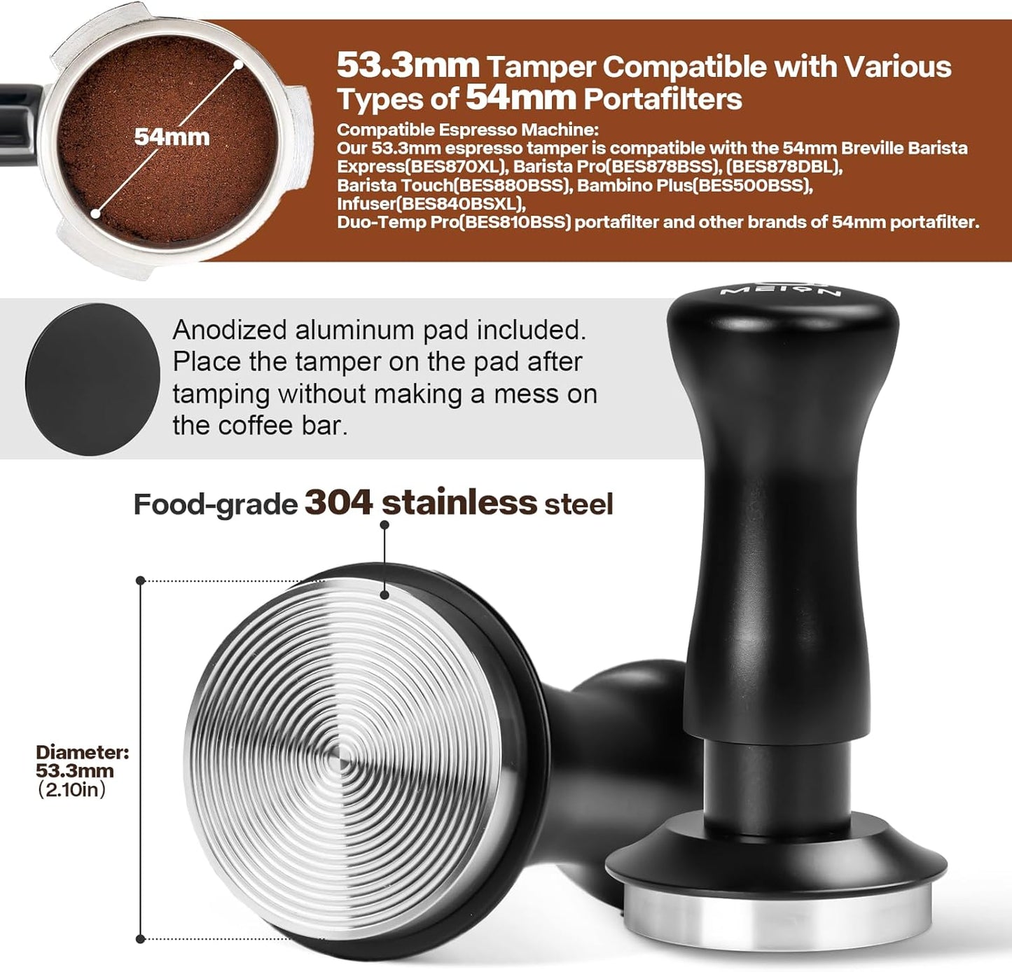 MEION Espresso Tamper 53.3mm Coffee Tamper, Calibrated Dual Spring Loaded Barista Tamper with Stainless Steel Base, Comes with aluminum storage pad (53.3MM, Black)