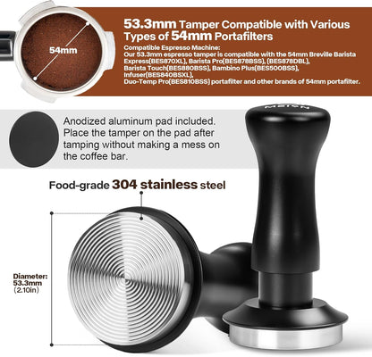 MEION Espresso Tamper 53.3mm Coffee Tamper, Calibrated Dual Spring Loaded Barista Tamper with Stainless Steel Base, Comes with aluminum storage pad (53.3MM, Black)
