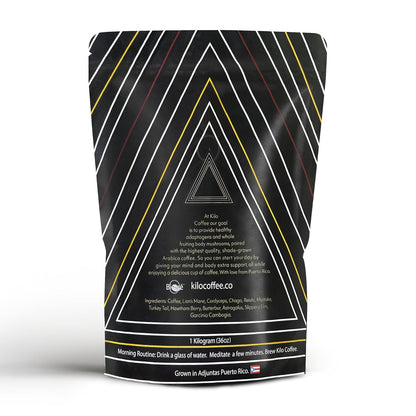 Kilo Coffee - 1 Kilogram Adaptogenic Mushroom Coffee. Whole Fruiting Body: Lions Mane, Chaga, Reishi, Cordyceps. Single Origin from Puerto Rico, Low Acid. 2.2lbs