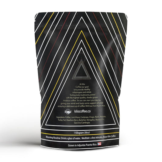 Kilo Coffee - 1 Kilogram Adaptogenic Mushroom Coffee. Whole Fruiting Body: Lions Mane, Chaga, Reishi, Cordyceps. Single Origin from Puerto Rico, Low Acid. 2.2lbs