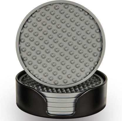 Coasters for Drinks 6 Pcs Drink Coaster with Holder,Heat Resistant Silicone Cup Mat Tabletop Protection,Non-Slip Rubber Coasters for Kinds of Cups (Grey)