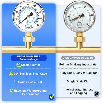 MEANLIN MEASURE 0~160Psi Dry Pressure Gauge Stainless Steel 1/4" NPT 2" FACE DIAL Waterproof for Air Compressor RV Regulator Water Pressure Tester Black Mount, with 1/2" NPT and 3/8" NPT Hex Bushing