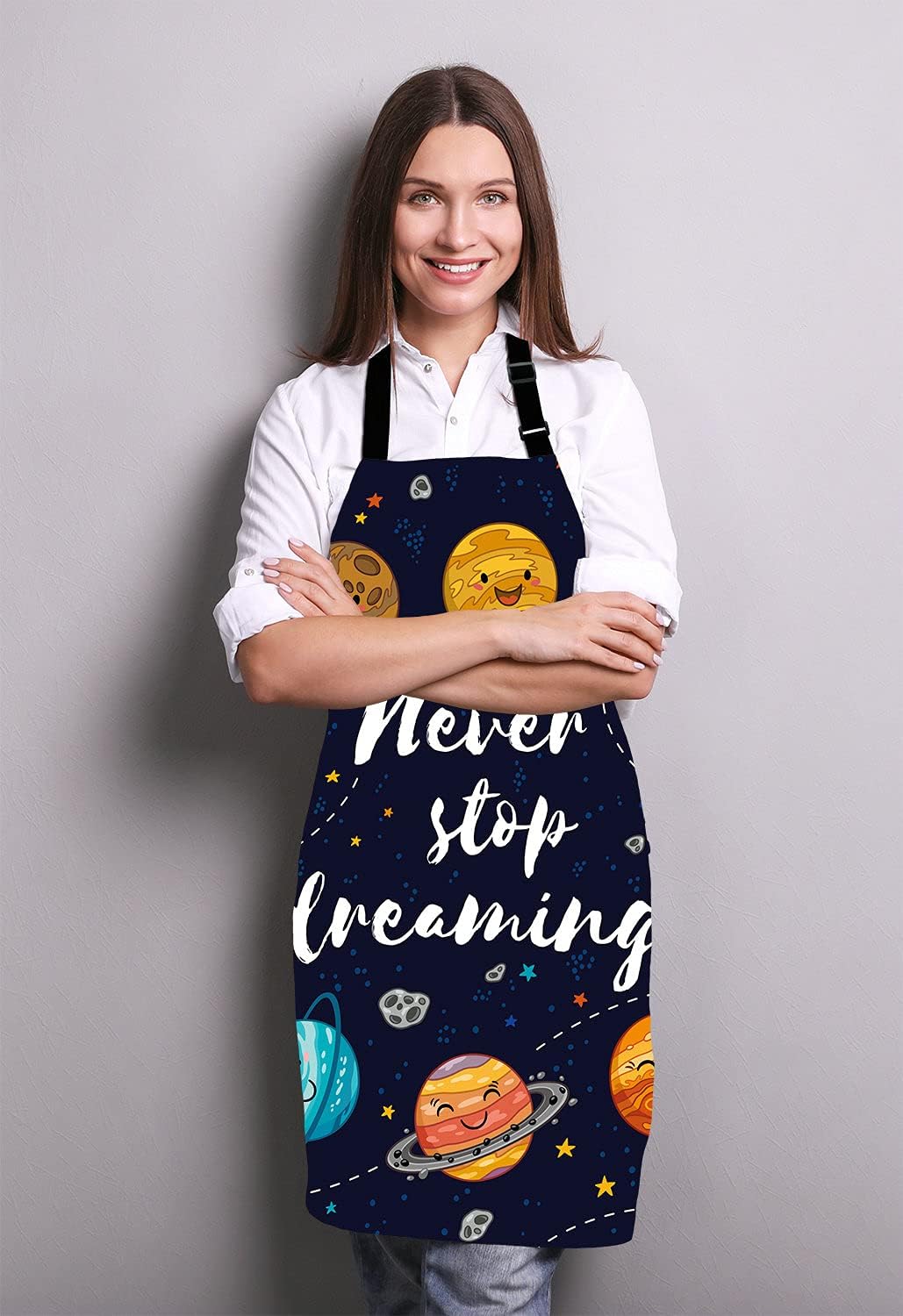 Never Stop Dreaming, motivational Quote, Outer Space Apron, Cute Planets and Star Cluster Solar System Moon and Comets Sun Cosmos