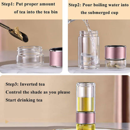 QUROXO 2025 New Tryteava Glass Infuser, Teava 3-In-1 Smart Tea Infuser with Cup Brush, Double-Layer Borosilicate Glass Tryteava Tea infusers Separation Cup (Silver, 350ml (12oz))