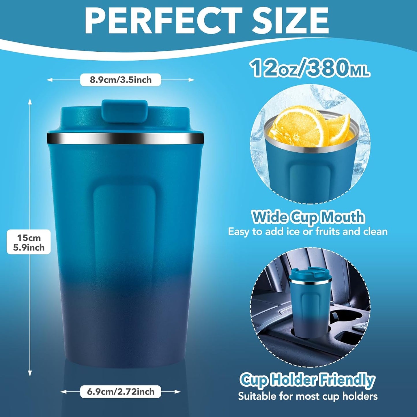 Volhoply 12 oz Double Wall Insulated Vacuum Travel Coffee Mugs with Flip Lid Bulk 2 Pack,Reusable Stainless Steel Leak Proof Coffee Cup,Portable Cafe Thermal Tumbler for Hot & Cold Drinks(Mix,2 Set)