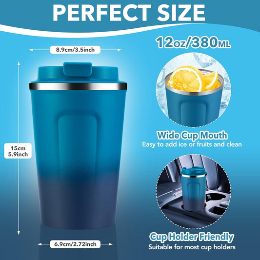 Volhoply 12 oz Double Wall Insulated Vacuum Travel Coffee Mugs with Flip Lid Bulk 2 Pack,Reusable Stainless Steel Leak Proof Coffee Cup,Portable Cafe Thermal Tumbler for Hot & Cold Drinks(Mix,2 Set)