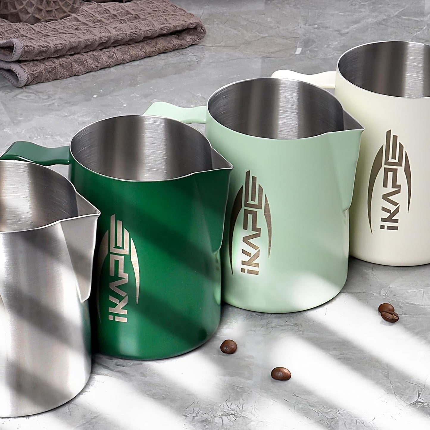 IKAPE Espresso Milk Pitcher, Espresso Steaming Pitcher with Sharp Spout for Espresso Barista Tool, 15.4 oz/450ml Milk Frothing Jug (Green)