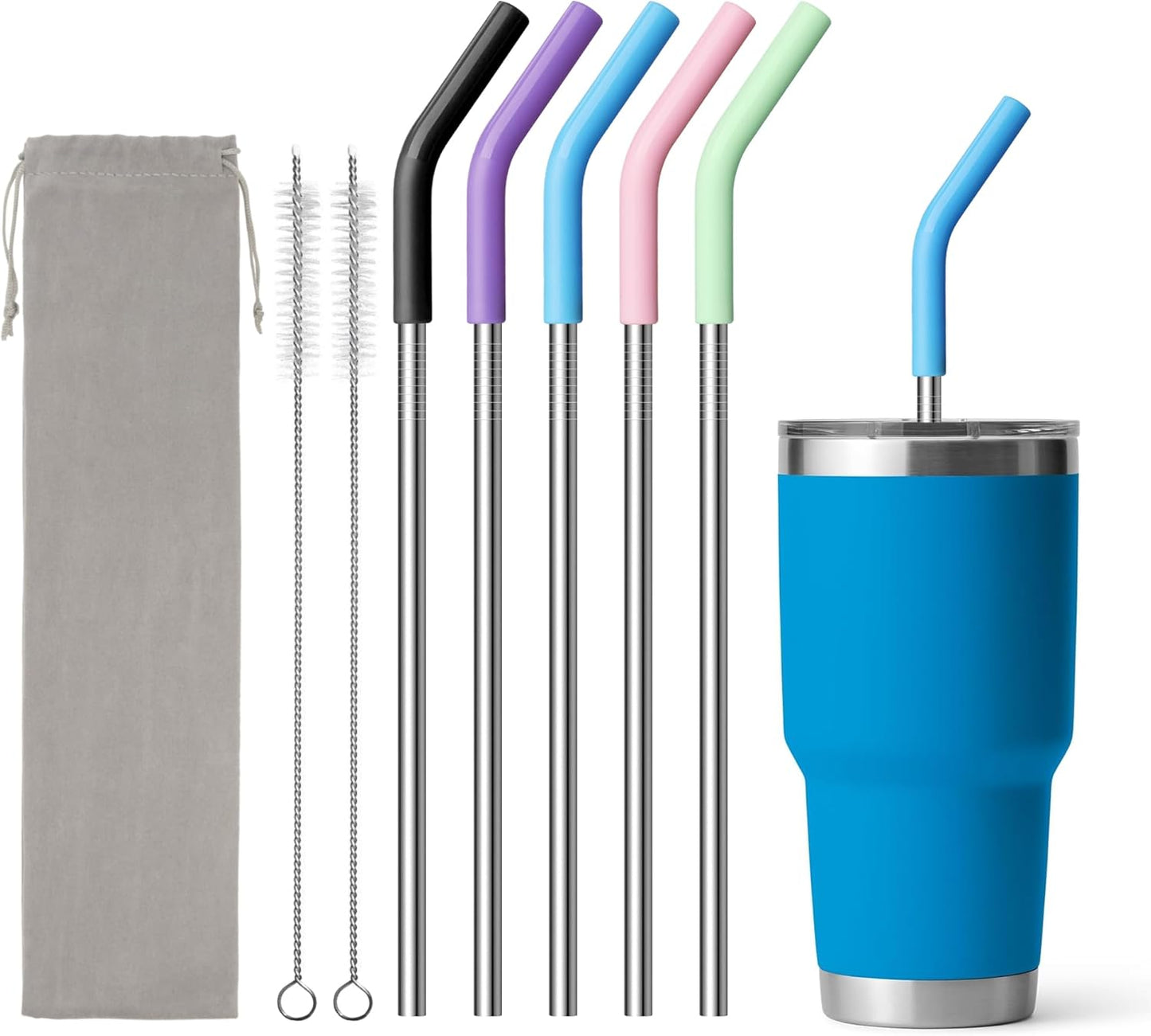 Metal Straws Reusable With Silicone Tips, 9.5" Stainless Steel Straight Drinking Straw for Yeti 30 oz Tumbler- 2 Cleaning Brushes & 1 Portable Bag