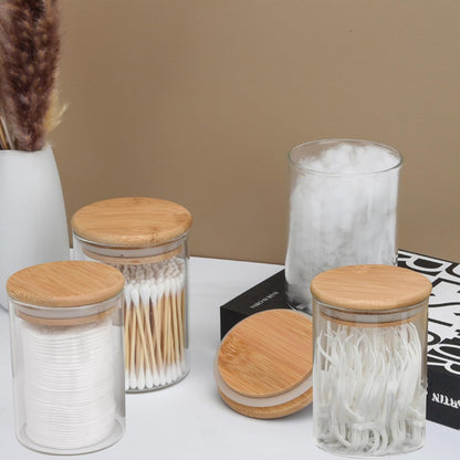 4 Pack Glass Qtip Holder Dispenser Set - Apothecary Jars with Lids for Vanity Makeup Organizer - Bathroom Canister Storage Organizer for Cotton Ball, Swab, Round Pads,Floss