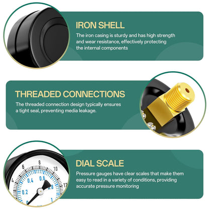 0-15PSI Well Pump Pressure Gauge 2" Dial Size, 1/4" NPT Back Mount, 3-2-3% Accuracy, for Tube, Water Pump, Gas, Liquid, Pressure Test