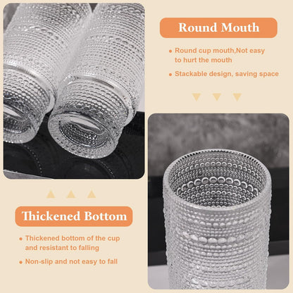 16OZ Glass Tumbler with Straw and Lid,Glass Cups with Lids and Straws,Ribbed Iced Coffee Cups Vintage Embossed Glassware for Juice Whiskey Cocktail Beer(2Pack)