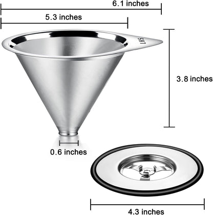 LHS Pour Over Coffee Dripper Stainless Steel Coffee Filter Metal Cone Filter Paperless Reusable Coffee Filter Single Cup Coffee Maker 1-4 Cup With Non-slip Cup Stand and Cleaning Brush