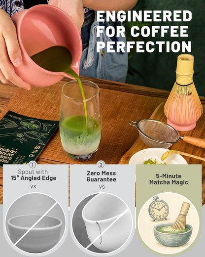 Nucookery Matcha Set - 5PCS Matcha Whisk Set, 18OZ Matcha Bowl (Chawan) with Spout, Matcha Whisk (Chasen) and Holder, Bamboo Matcha Scoop and Sifter, Matcha Kit/Tools/Accessories for Tea Ceremony
