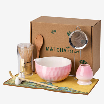 Japanese Matcha Whisk Set,Ceramic Matcha Set Includes Bowl with Spout, Matcha Sifter, Bamboo Whisk and Holder for Matchas Tea,2 Bamboo Scoop, Scoop Rest,Tea Towel - 8 Pcs Kit Gift for Matcha Lovers