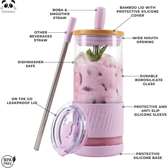 Pandaloo® Glass Cups With Lids and Straws -20 Fl Oz- Perfect Size Iced Coffee Cup - Smoothie Cup With Bamboo Lid and On the go Lid - Glass Tumbler (2 Count (Pack of 1), Lilac Rhapsody-Lilac Rhapsody)