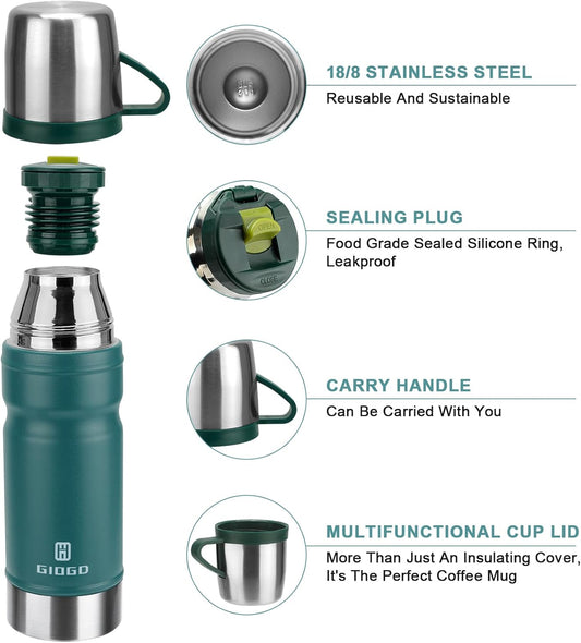 Vacuum Insulated Water Bottle Thermo Water Flask with Cup 680ml/23oz Stainless Steel Thermal Water Bottles Thermo for Hot and Cold Drinks Coffee Water(Blue,Set)
