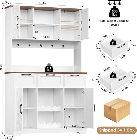 HIFIT 72" Large Kitchen Pantry Storage Cabinet with Barn Doors & Shelves & Drawers, Farmhouse Tall Kitchen Hutch with Bar Cabinet and Microwave Stand, Cupboard Wine Rack for Kitchen Dining Room, White