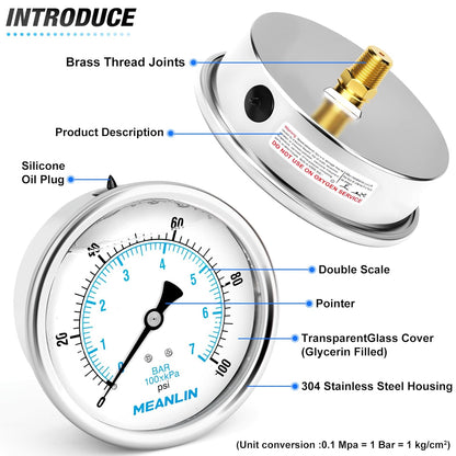 MEANLIN MEASURE 0~100Psi Stainless Steel 1/4" NPT 4" FACE DIAL Liquid Filled Pressure Gauge WOG Water Oil Air Back Mount, with 1/4" x 1/2" NPT and 1/4" x 3/8" NPT Hex Bushing