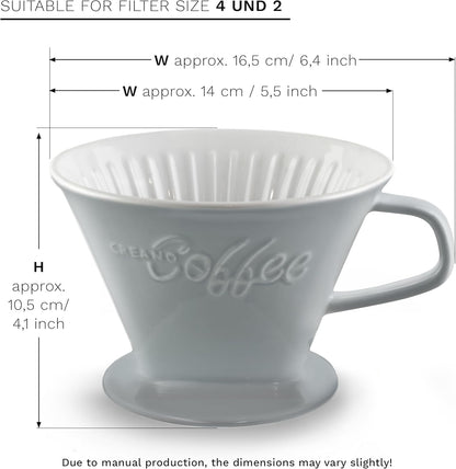 Creano Porcelain Coffee Dripper Stone Grey - Ceramic Cone Brewer - Pour Over Coffee Maker for Filter Bags Size 4 - Easy Manual Brew for pure taste - also for Camping, Hiking