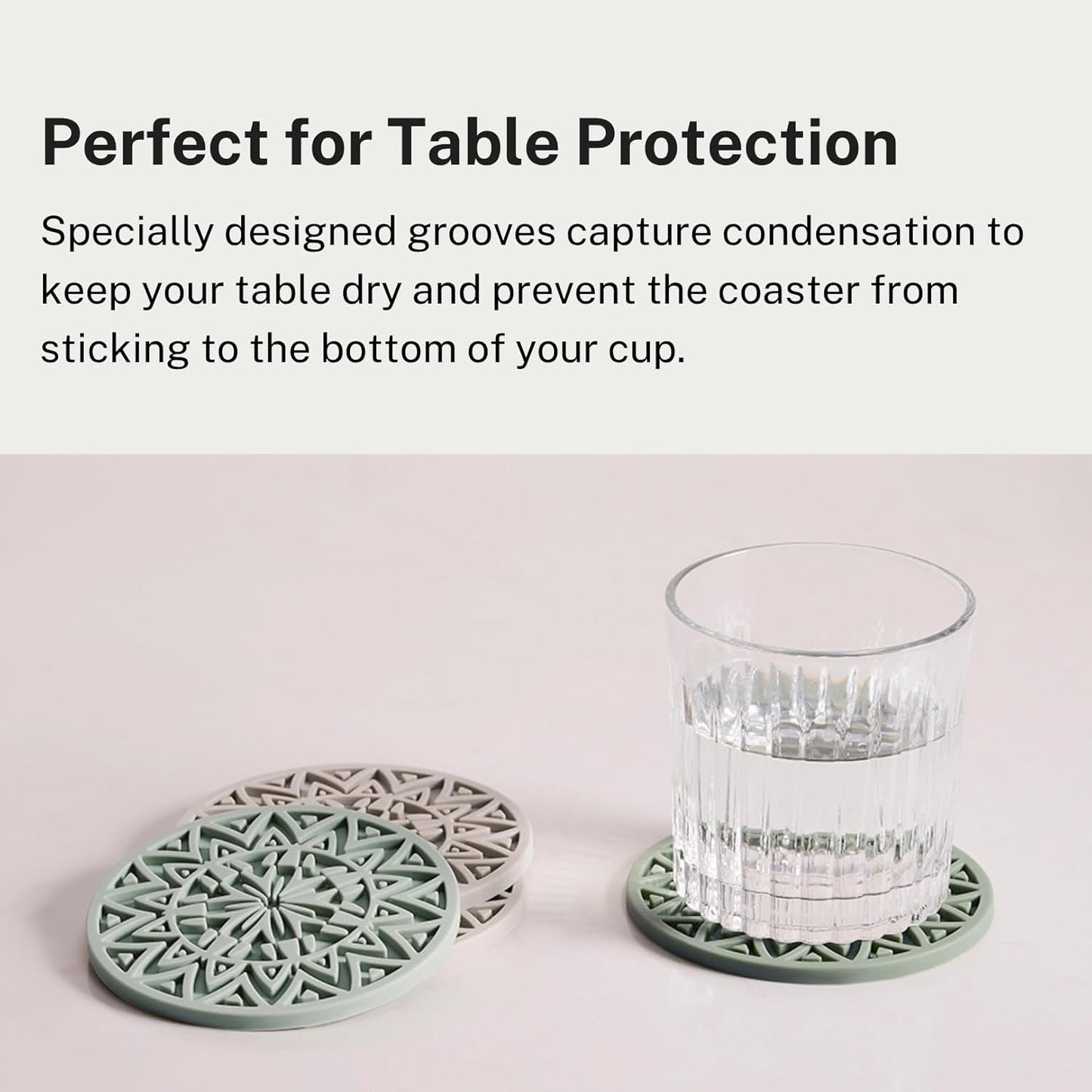 Set of 6 Sage Green Silicone Coasters with Holder, Drink Coasters with Tribal Pattern Shape- for Table Protection, Anti Slip, Nonstick, Heat Resistant, Deep Tray