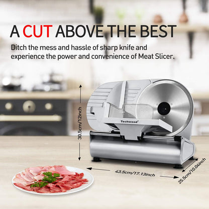 Meat Slicer, Techwood Electric Deil Food Slicer with Removable 9” Stainless Steel Blade, Deli Cheese Fruit Vegetable Bread Cutter with Adjustable Knob for Thickness, Food Carriage & Non-Slip Feet
