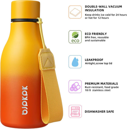BJPKPK Insulated Water Bottles, 12oz Stainless Steel Metal Water Bottle with Strap, BPA Free Leak Proof Thermos, Mugs, Flasks, Reusable Water Bottle for Sports & Travel, Sunset Orange