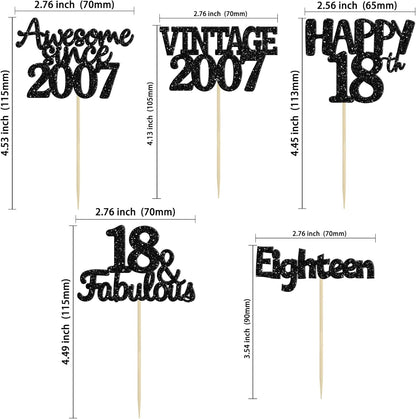 Gyufise 30Pcs Vintage 2007 Cupcake Toppers Glitter Eighteen Happy 18th Cupcake Picks Happy 18th Birthday Cake Decorations for Happy 18th Birthday Fabulous Anniversary Party Supplies Black