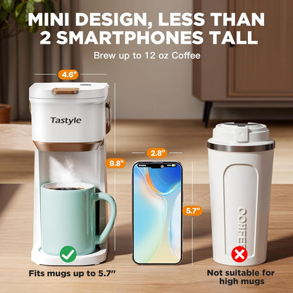 Single Serve One Cup Coffee Maker, for K Cups and Grounds, Mini Coffee Maker with Portable Handle, 6 to 12 Oz Brew Size, for Travel, Camping, Office, RV and Dorm, 120V, White and Brown