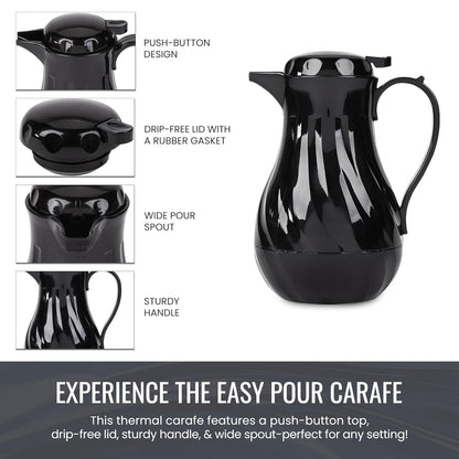 OCS Parts Easy Pour Thermal Coffee Carafe | 10-Inch Insulated Hot and Cold Beverage Pitcher Server for Coffee, Tea, Hot Chocolate and Water with Colored Tags for Easy Idenfication | 42-Ounce | Black