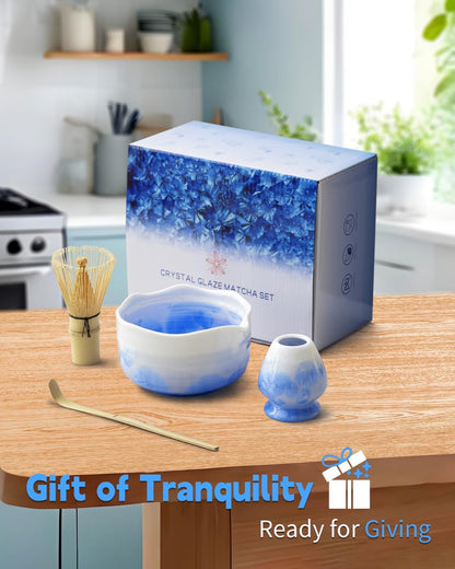 Natural Crystal Flower Matcha Set - 4 Pcs Food Grade Matcha Kit with Spouted Bowl, Matcha Whisk, Scoop and Chasen Holder - Matcha Tea Ceremony Gift for Matcha Lovers (Mist Azure)