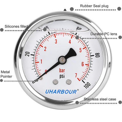 Glycerin Filled Pressure Gauge 100psi/7bar, Stainless Steel case, Brass Inside Construction, 2-1/2" dial, 1/4" NPT Back Connection.…