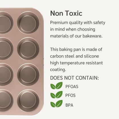 Non Toxic Nonstick 12 Cup Muffin Pan | PFOA BPA free Nontoxic Cupcake Tin | Best Non Stick Muffin Pans | Muffin tins | Cupcakes Tray | Carbon Steel Bakeware Mold Trays