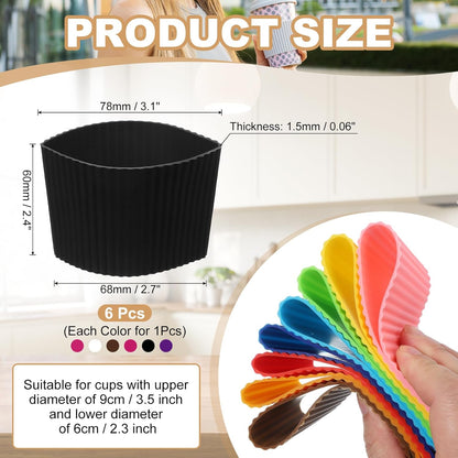 uxcell 6Pack Coffee Cup Sleeves, Reusable Silicone Heat Resistant Cup Protective Sleeve Nonslip Mug Protector Cover for Home Travel Coffee Mug Glasses Water Bottle Boots, Multicolor