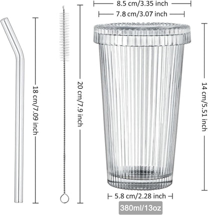 13oz Clear Iced Coffee Cups with Lids, Clear Glass Tumbler with Straw & Lid, Ribbed Glassware Cups, Dishwasher Safe Drinking Glasses, Stylish Glass Cups for Coffee, Juice, Tea, Matcha