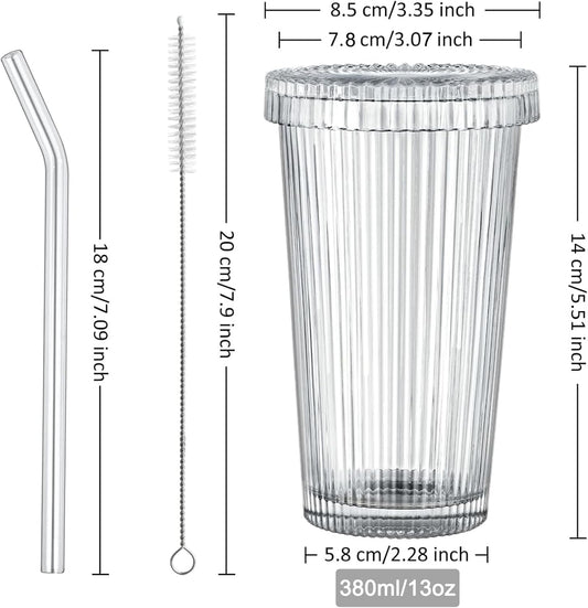 13oz Clear Iced Coffee Cups with Lids, Clear Glass Tumbler with Straw & Lid, Ribbed Glassware Cups, Dishwasher Safe Drinking Glasses, Stylish Glass Cups for Coffee, Juice, Tea, Matcha