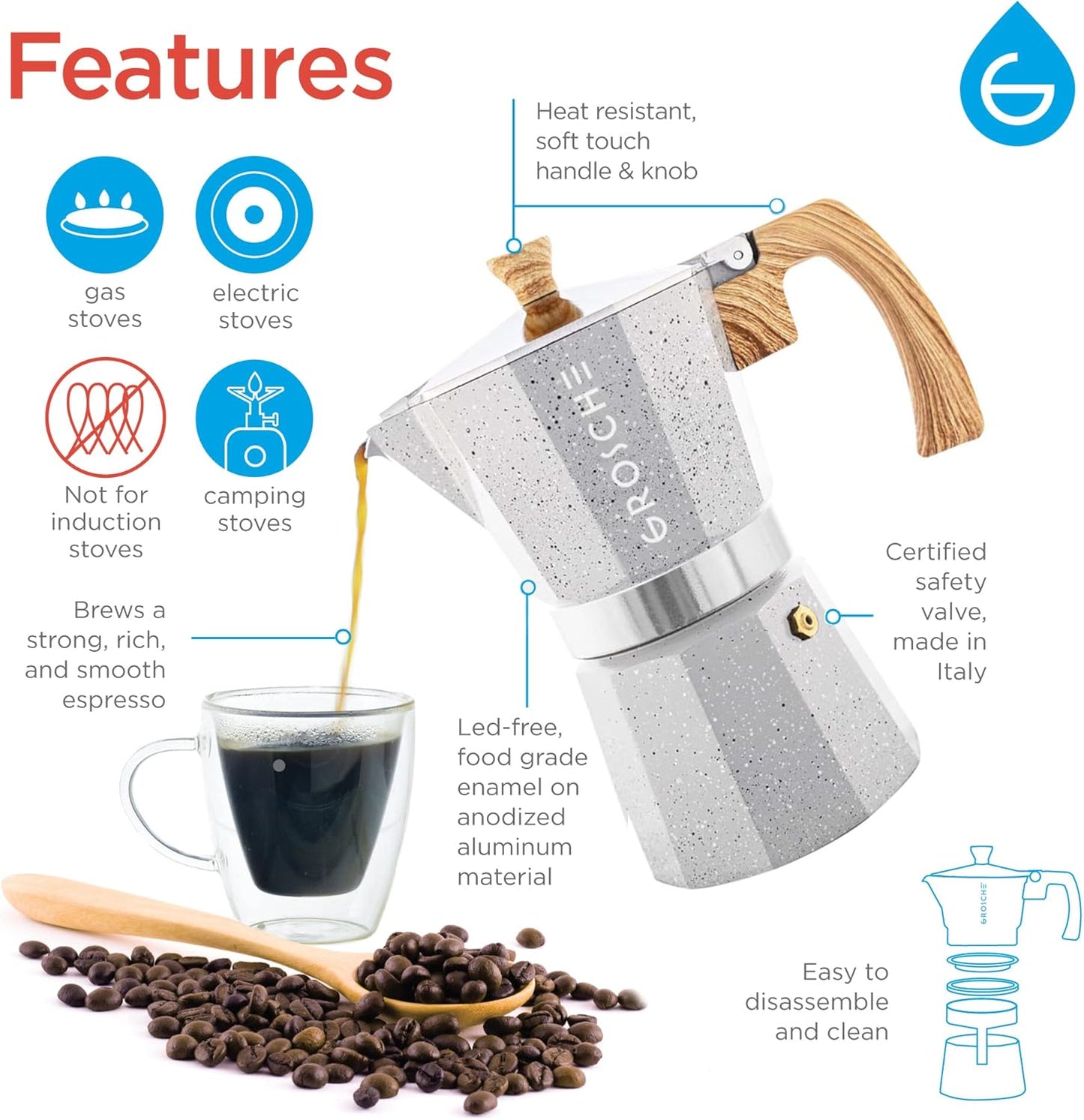 GROSCHE Milano Moka pot, Stovetop Espresso maker, Greca Coffee Maker, Stovetop coffee maker and espresso maker percolator (Grey, 6 cup)
