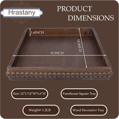 Square Wood Decorative Tray, Rustic Coffee Table Serving Tray for Ottoman, Farmhouse Kitchen Counter Organizer, Bedroom, Home Decor(Retro Brown)