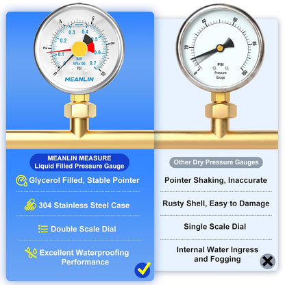 MEANLIN MEASURE 0~10Psi Stainless Steel 1/4" NPT 2.5" FACE DIAL with Reset Pointer Liquid Filled Pressure Gauge WOG Water Oil Air, Lower Mount, with Brass Hex Bushing