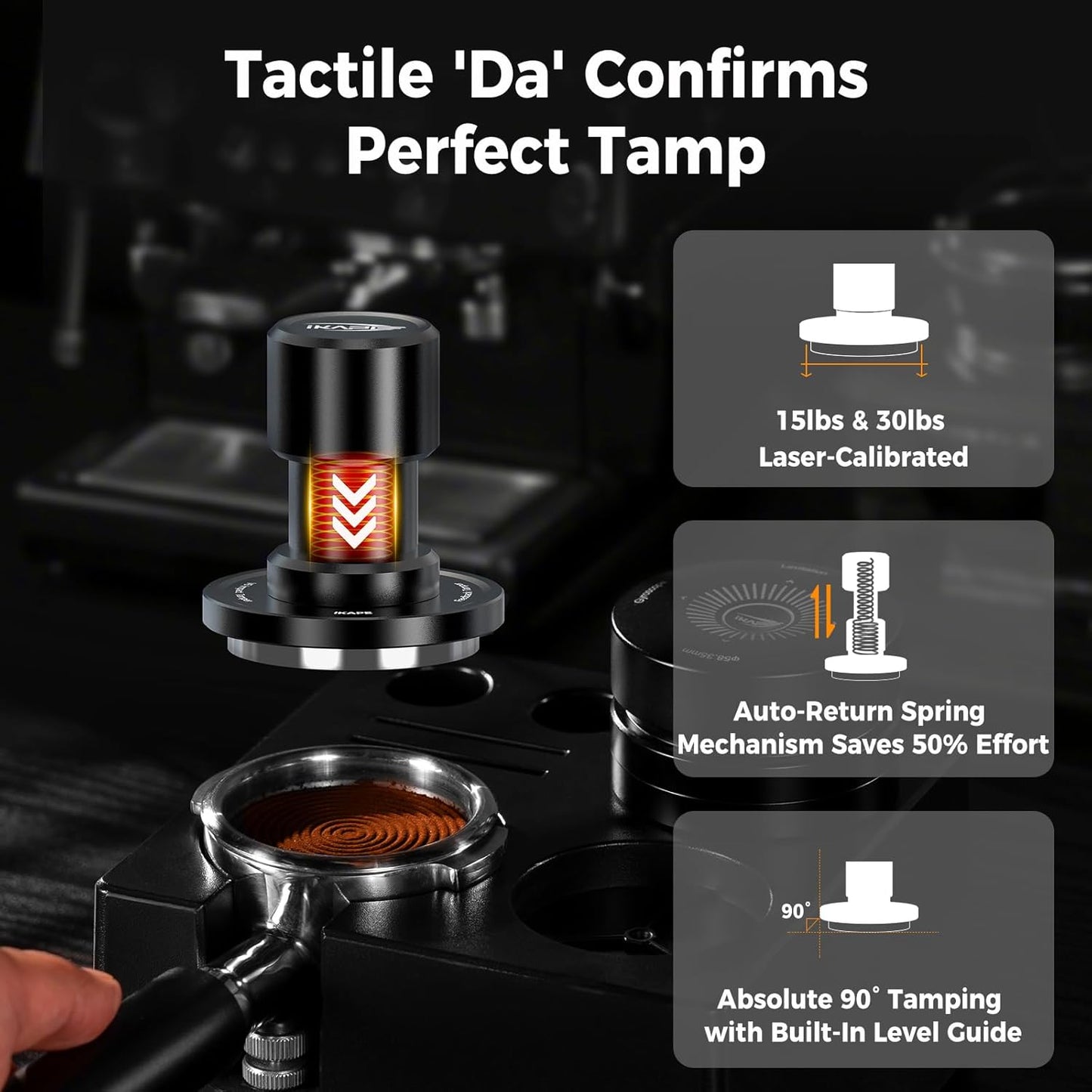 IKAPE 51MM V6 Impact Espresso Tamper with Sound Feedback, 15lb/30lb Interchangeable Springs, Espresso Low-Profile Tamper with Triple-spring System, Fits 51mm portafilters