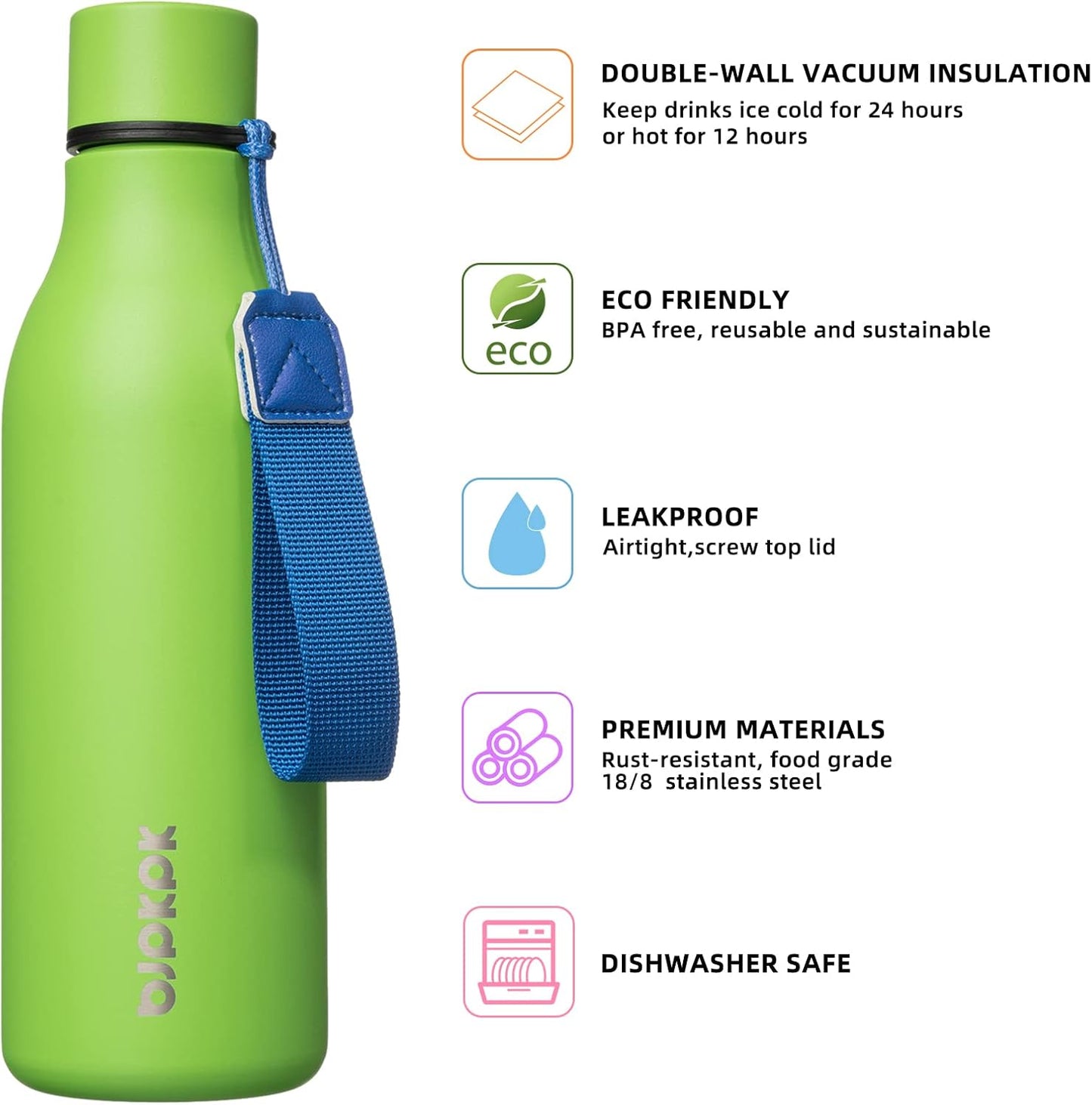 BJPKPK Insulated Water Bottles, 18 oz Stainless Steel Metal Water Bottle with Strap, BPA Free Leak Proof Thermos, Mugs, Flasks, Reusable Water Bottle for Sports & Travel, Green
