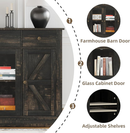 4 EVER WINNER 55" Coffee Bar with 4 Glass Doors and 3 Drawers, Sideboard Buffet Cabinet with Storage, Farmhouse Coffee Bar Cabinet with Adjustable Shelves for Kitchen, Dining Room, Rustic Oak
