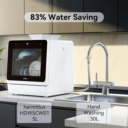 Hermitlux Countertop Dishwasher, 7 Washing Programs Portable Mini Dishwasher with 5-Liter Built-in Water Tank for Apartments & RVs, LED Light, Glass Door, No Hookup Needed
