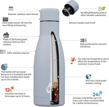 BJPKPK Insulated Water Bottle 12oz Small Stainless Steel Water Bottles Reusable Metal Thermos Keep Cold and Hot,Mist Grey