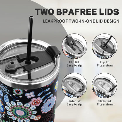 40 oz Tumbler with Lids and Straws, Stainless Steel Insulated Coffee Tumbler, Double Wall Vacuum Insulated Travel Mug Cup, Leakproof Thermal Coffee Cup for Hot and Cold Drinks (Flower)