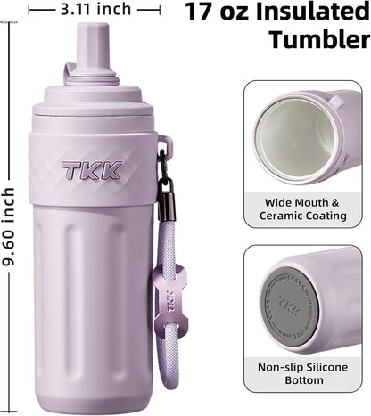 TKK 17 OZ Travel Tumbler Ceramic Lining with Straw Lid, Stainless Steel Vacuum Insulated Double Wall Coffee Tumbler, Leak Proof Iced Water Bottle with Carry Strap for Hot & Cold Drinks, Purple