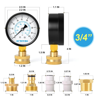 MEANLIN MEASURE 0~100Psi 3/4" Female Water Pressure kit Plus 5 adapters, 2.5" FACE DIAL Multi-Purpose Pressure Gauge kit, Hydraulic Tester,Suitable for Gardens, Water Pipes, etc